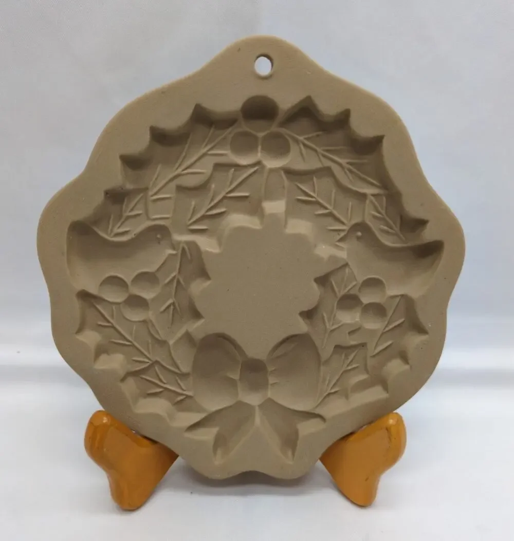 1988 Hill Design Brown Bag Cookie Art Holly Wreath Birds Stoneware Mold Vintage